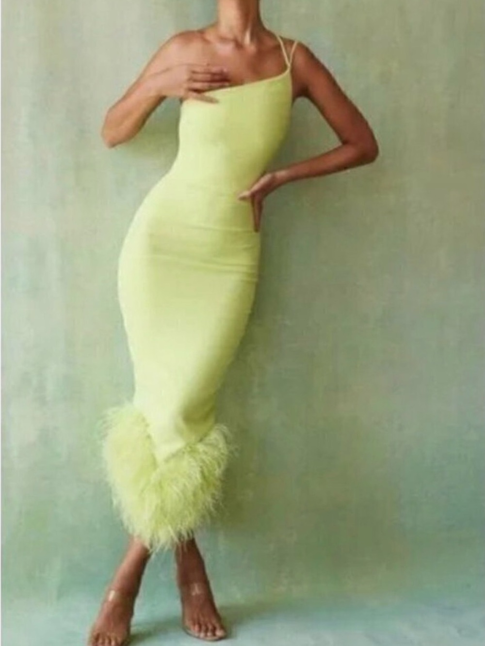 House of CB One-Shoulder Feather-Hem Midi Dress in Light Lime